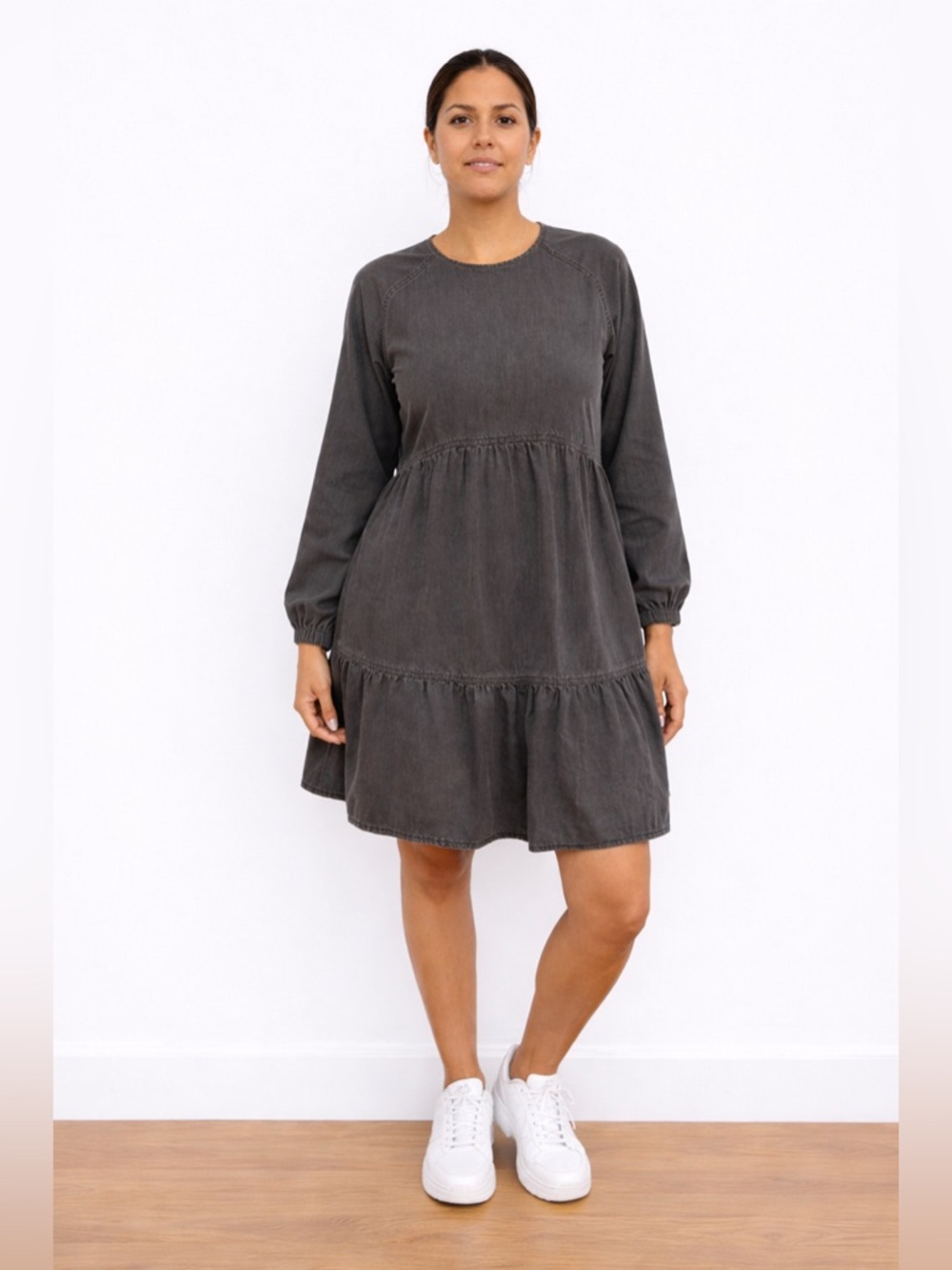 Madewell Gray Babydoll Tiered Mini Dress Size S Long Sleeve Flowy